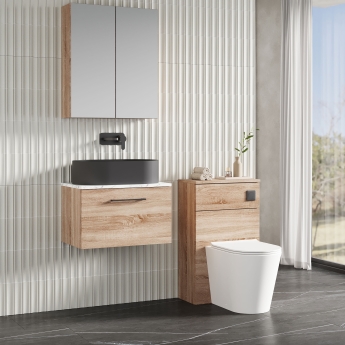 Nuie Arno Wall Hung 1-Drawer Vanity Unit with Carrera Marble Worktop 600mm Wide - Bleached Oak | Product Image