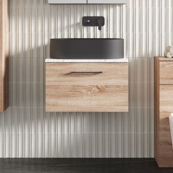 Nuie Arno Wall Hung 1-Drawer Vanity Unit with Carrera Marble Worktop 600mm Wide - Bleached Oak | Product Image