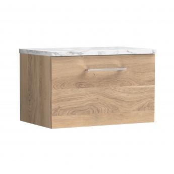 Nuie Arno Wall Hung 1-Drawer Vanity Unit with Carrera Marble Worktop 600mm Wide - Bleached Oak | Product Image