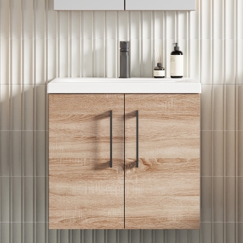 Nuie Arno Wall Hung 2-Door Vanity Unit with Basin-1 600mm Wide - Bleached Oak | Product Image