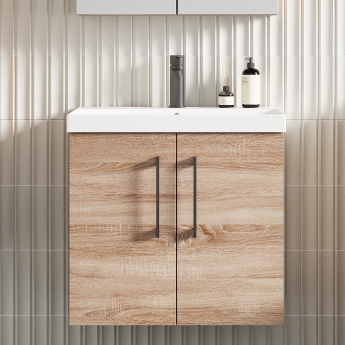 Nuie Arno Wall Hung 2-Door Vanity Unit with Basin-3 600mm Wide - Bleached Oak | Product Image