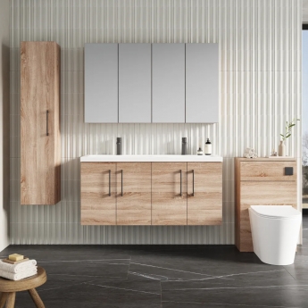 Nuie Arno Wall Hung 4-Door Vanity Unit with Double Ceramic Basin 1200mm Wide - Bleached Oak | Product Image