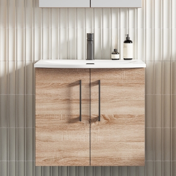Nuie Arno Wall Hung 2-Door Vanity Unit with Basin-4 600mm Wide - Bleached Oak | Product Image