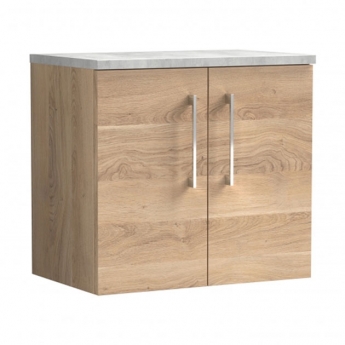 Nuie Arno Wall Hung 2-Door Vanity Unit with Bellato Grey Worktop 600mm Wide - Bleached Oak | Product Image