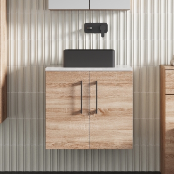 Nuie Arno Wall Hung 2-Door Vanity Unit with Bellato Grey Worktop 600mm Wide - Bleached Oak | Product Image