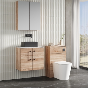 Nuie Arno Wall Hung 2-Door Vanity Unit with Bellato Grey Worktop 600mm Wide - Bleached Oak | Product Image