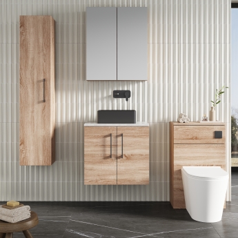 Nuie Arno Wall Hung 2-Door Vanity Unit with Bellato Grey Worktop 600mm Wide - Bleached Oak | Product Image
