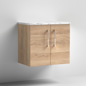 Nuie Arno Wall Hung 2-Door Vanity Unit with Carrera Marble Worktop 600mm Wide - Bleached Oak | Product Image