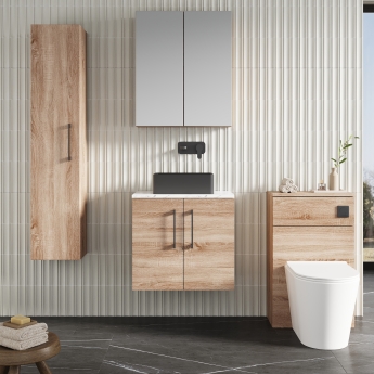 Nuie Arno Wall Hung 2-Door Vanity Unit with Carrera Marble Worktop 600mm Wide - Bleached Oak | Product Image