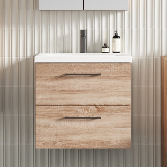 Nuie Arno Wall Hung 2-Drawer Vanity Unit with Basin-1 600mm Wide - Bleached Oak