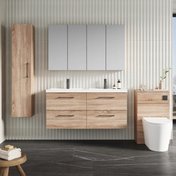 Nuie Arno Wall Hung 4-Drawer Vanity Unit with Double Polymarble Basin 1200mm Wide - Bleached Oak | Product Image