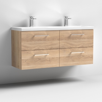 Nuie Arno Wall Hung 4-Drawer Vanity Unit with Double Ceramic Basin 1200mm Wide - Bleached Oak | Product Image