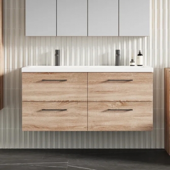 Nuie Arno Wall Hung 4-Drawer Vanity Unit with Double Ceramic Basin 1200mm Wide - Bleached Oak | Product Image