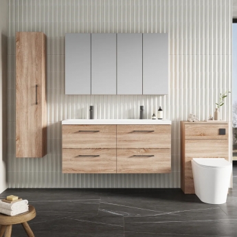 Nuie Arno Wall Hung 4-Drawer Vanity Unit with Double Ceramic Basin 1200mm Wide - Bleached Oak | Product Image