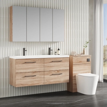Nuie Arno Wall Hung 4-Drawer Vanity Unit with Double Ceramic Basin 1200mm Wide - Bleached Oak | Product Image