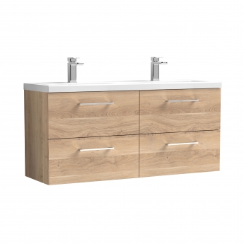 Nuie Arno Wall Hung 4-Drawer Vanity Unit with Double Ceramic Basin 1200mm Wide - Bleached Oak | Product Image