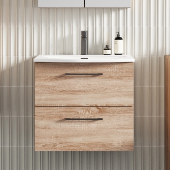 Nuie Arno Wall Hung 2-Drawer Vanity Unit with Basin-4 600mm Wide - Bleached Oak | Product Image