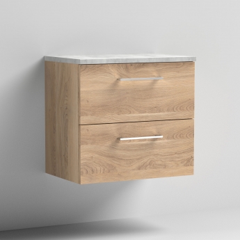 Nuie Arno Wall Hung 2-Drawer Vanity Unit with Bellato Grey Worktop 600mm Wide - Bleached Oak | Product Image
