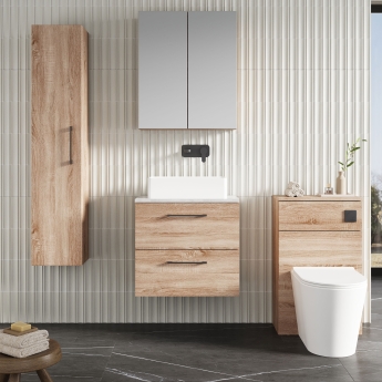 Nuie Arno Wall Hung 2-Drawer Vanity Unit with Bellato Grey Worktop 600mm Wide - Bleached Oak | Product Image