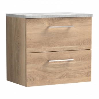 Nuie Arno Wall Hung 2-Drawer Vanity Unit with Bellato Grey Worktop 600mm Wide - Bleached Oak | Product Image