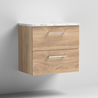 Nuie Arno Wall Hung 2-Drawer Vanity Unit with Carrera Marble Worktop 600mm Wide - Bleached Oak | Product Image