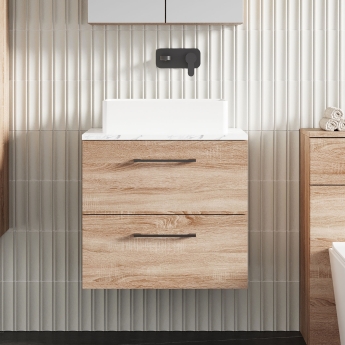 Nuie Arno Wall Hung 2-Drawer Vanity Unit with Carrera Marble Worktop 600mm Wide - Bleached Oak | Product Image