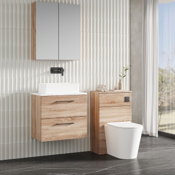 Nuie Arno Wall Hung 2-Drawer Vanity Unit with Carrera Marble Worktop 600mm Wide - Bleached Oak | Product Image