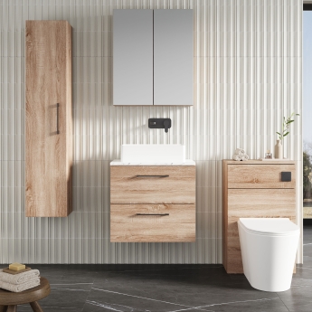 Nuie Arno Wall Hung 2-Drawer Vanity Unit with Carrera Marble Worktop 600mm Wide - Bleached Oak | Product Image