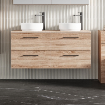 Arno Woodgrain Twin 1200mm 4-Drawer Wall Hung Vanity Unit with Countertop | Product Image