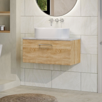 Nuie Arno Wall Hung 1-Drawer Vanity Unit with Bellato Grey Worktop 800mm Wide - Bleached Oak | Product Image