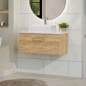 Nuie Arno Wall Hung 1-Drawer Vanity Unit with Carrera Marble Worktop 800mm Wide - Bleached Oak | Product Image