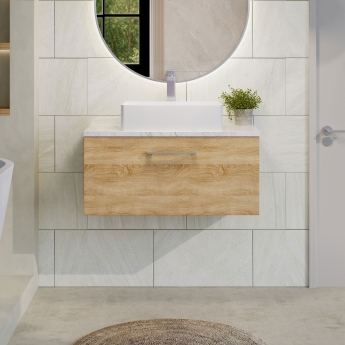 Nuie Arno Wall Hung 1-Drawer Vanity Unit with Carrera Marble Worktop 800mm Wide - Bleached Oak | Product Image