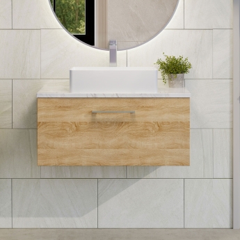 Nuie Arno Wall Hung 1-Drawer Vanity Unit with Carrera Marble Worktop 800mm Wide - Bleached Oak | Product Image
