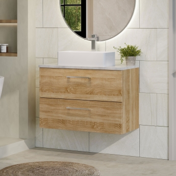 Nuie Arno Wall Hung 2-Drawer Vanity Unit with Bellato Grey Worktop 800mm Wide - Bleached Oak | Product Image