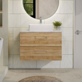 Nuie Arno Wall Hung 2-Drawer Vanity Unit with Bellato Grey Worktop 800mm Wide - Bleached Oak | Product Image
