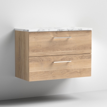 Nuie Arno Wall Hung 2-Drawer Vanity Unit with Carrera Marble Worktop 800mm Wide - Bleached Oak | Product Image