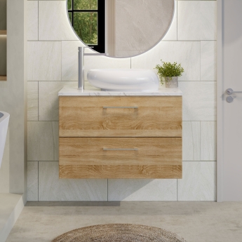 Nuie Arno Wall Hung 2-Drawer Vanity Unit with Carrera Marble Worktop 800mm Wide - Bleached Oak | Product Image