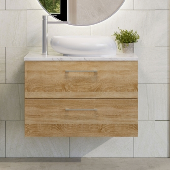 Nuie Arno Wall Hung 2-Drawer Vanity Unit with Carrera Marble Worktop 800mm Wide - Bleached Oak | Product Image