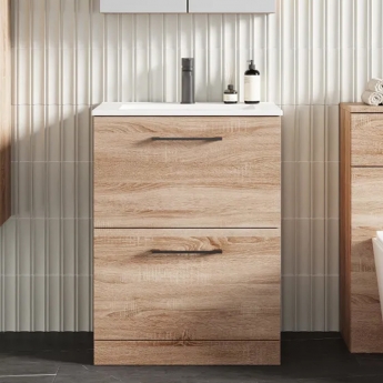 Nuie Arno Floor Standing 2-Drawer Vanity Unit with Basin-2 600mm Wide - Bleached Oak | Product Image
