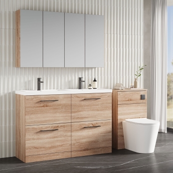 Nuie Arno Floor Standing 4-Drawer Vanity Unit with Double Polymarble Basin 1200mm Wide - Bleached Oak | Product Image