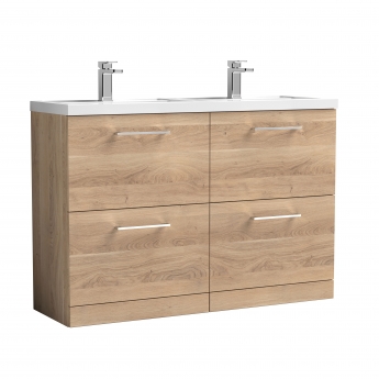 Nuie Arno Floor Standing 4-Drawer Vanity Unit with Double Polymarble Basin 1200mm Wide - Bleached Oak | Product Image