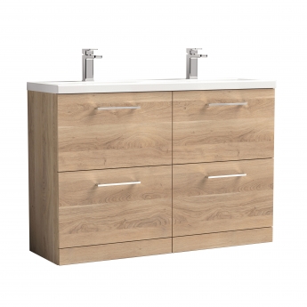 Nuie Arno Floor Standing 4-Drawer Vanity Unit with Double Ceramic Basin 1200mm Wide - Bleached Oak | Product Image