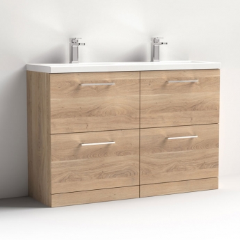 Nuie Arno Floor Standing 4-Drawer Vanity Unit with Double Ceramic Basin 1200mm Wide - Bleached Oak | Product Image