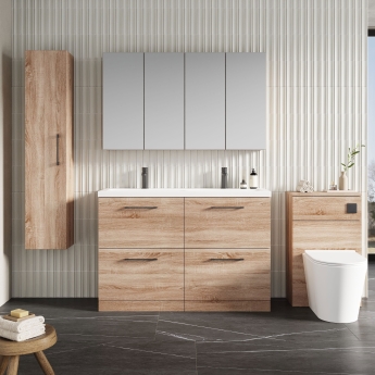 Nuie Arno Floor Standing 4-Drawer Vanity Unit with Double Ceramic Basin 1200mm Wide - Bleached Oak | Product Image