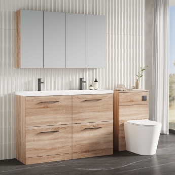 Nuie Arno Floor Standing 4-Drawer Vanity Unit with Double Ceramic Basin 1200mm Wide - Bleached Oak | Product Image