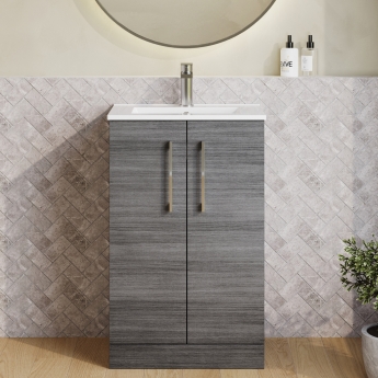 Nuie Arno Floor Standing 2-Door Vanity Unit with Basin-2 500mm Wide - Anthracite Woodgrain