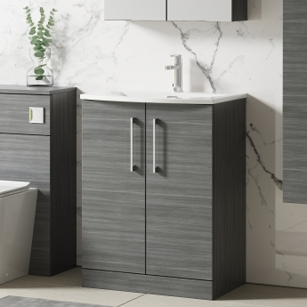 Nuie Arno Floor Standing 2-Door Vanity Unit with Basin-4 600mm Wide - Anthracite Woodgrain
