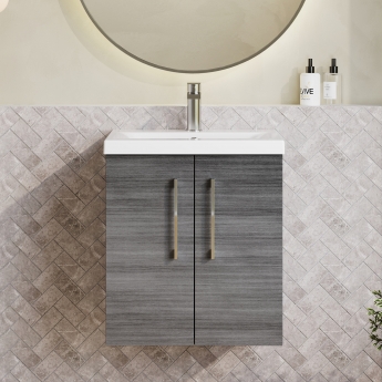 Nuie Arno Wall Hung 2-Door Vanity Unit with Basin-1 500mm Wide - Anthracite Woodgrain