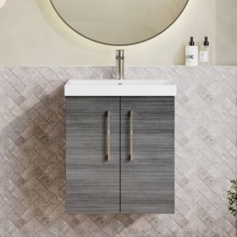 Nuie Arno Wall Hung 2-Door Vanity Unit with Basin-3 500mm Wide - Anthracite Woodgrain