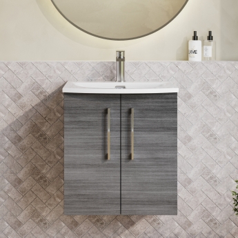 Nuie Arno Wall Hung 2-Door Vanity Unit with Basin-4 500mm Wide - Anthracite Woodgrain